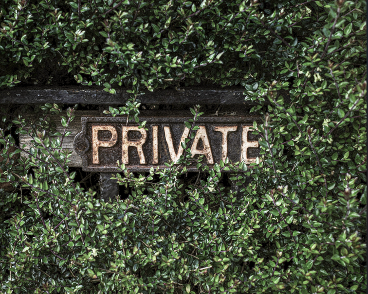 A weathered metal “PRIVATE” sign surrounded by dense green foliage, symbolizing exclusivity, discretion, and the protection of personal assets and privacy.
