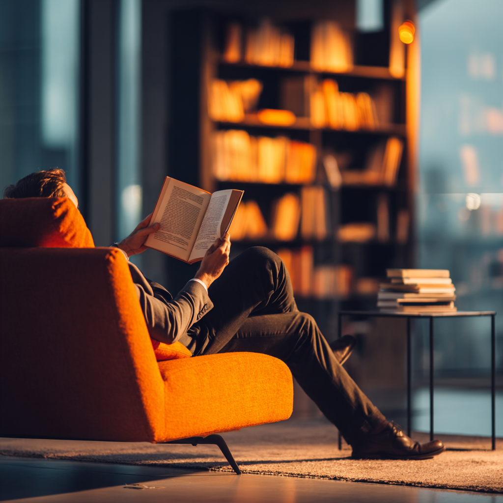 Man reading a book in a modern lounge at sunset, symbolizing wealth, privacy, and peace of mind through strategic trust and asset protection.