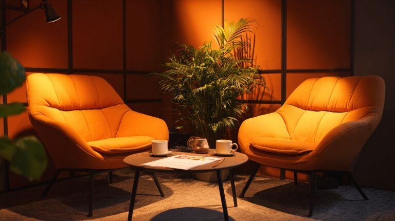Two orange lounge chairs facing each other in a cozy, softly lit room with coffee cups on the table, representing comfort, trust, and meaningful financial conversations.