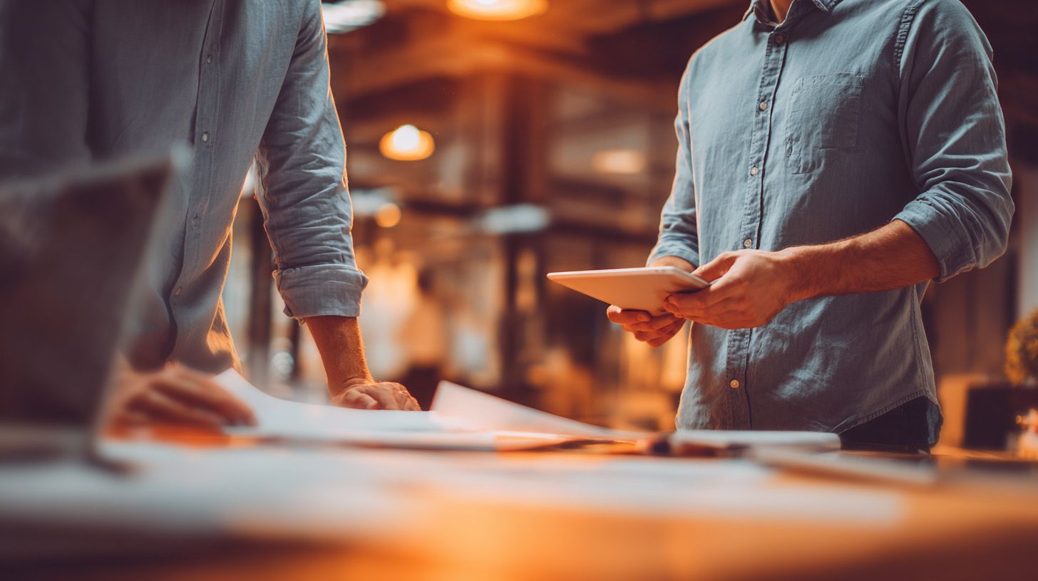 Two professionals in a warm, modern office collaborating over documents and a tablet, symbolizing strategy, precision, and innovation in trust and asset protection.