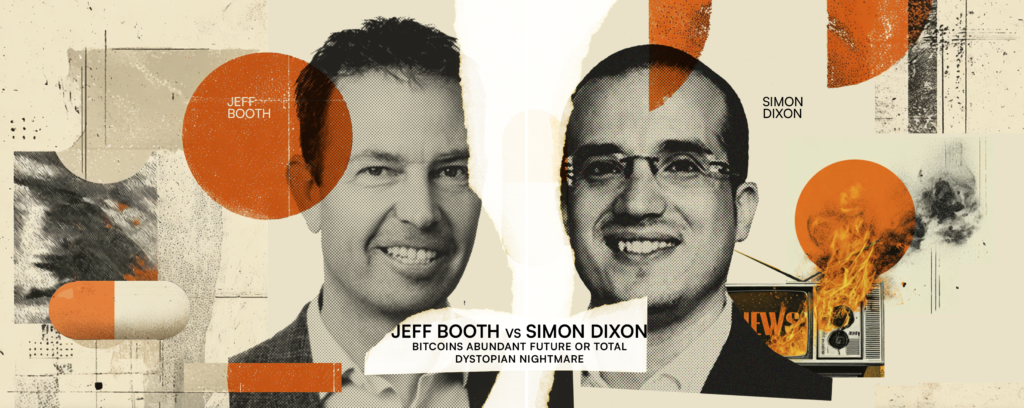 Collage of two men separated by a torn divide: one side depicts a bright Bitcoin-driven future, the other a dark surveillance state, with subtle orange elements bridging the gap.