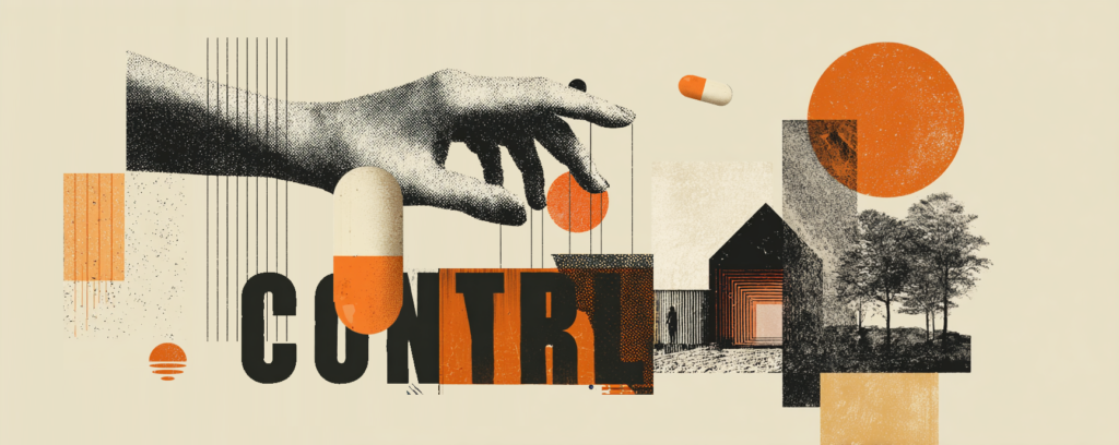 Collage of a hand controlling strings above geometric shapes, a house, trees, and bold orange graphics.