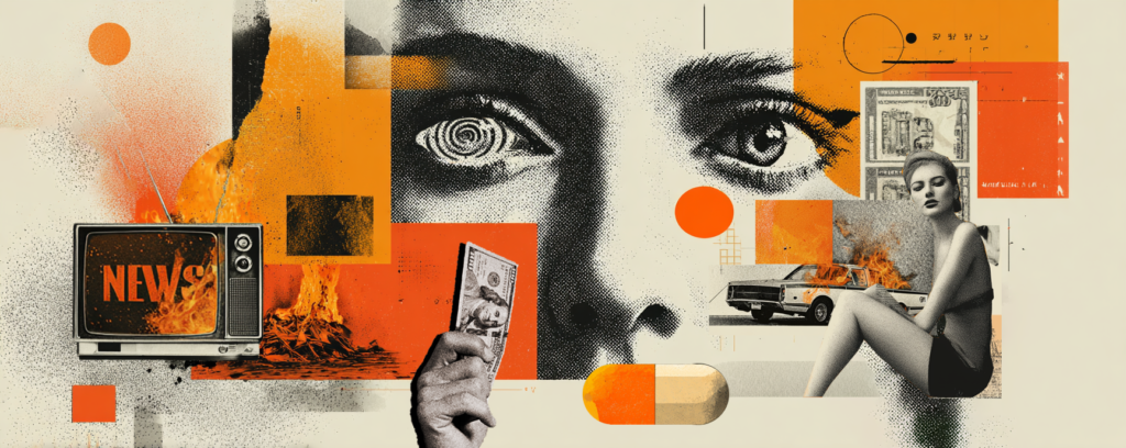Collage of a woman’s face transfixed by media screens, symbols of money and sex surrounding her, with orange highlights.