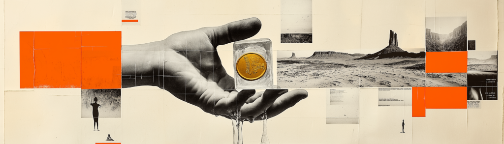 Minimal editorial collage of a large hand holding a melting ice cube with a gold coin inside, water dripping downward, set against a black-and-white desert landscape with bold orange geometric accents.