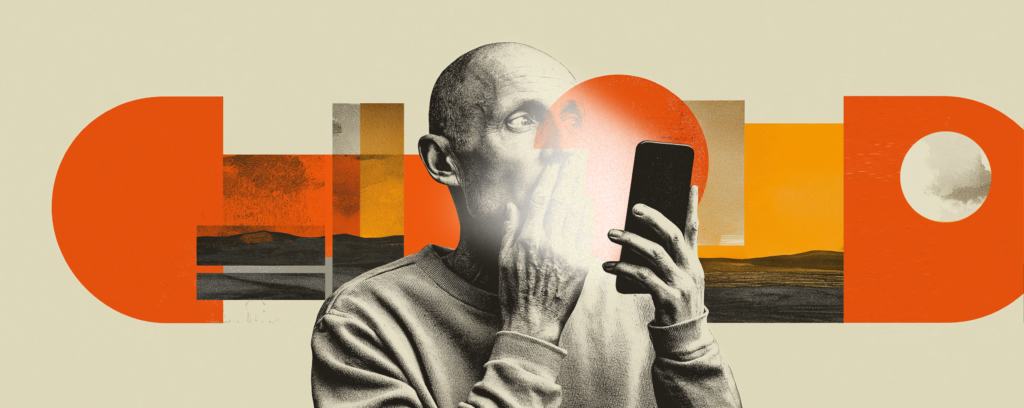 Collage of a person staring at a glowing smartphone, hand to mouth in shock, illuminated by the screen with orange accents.