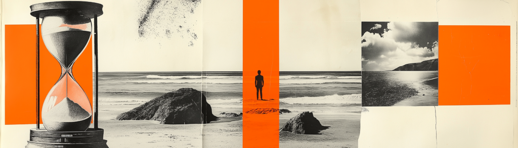 Minimal editorial collage featuring a large hourglass with black sand, a solitary figure standing on a beach between rock formations, and bold vertical orange bars cutting through a black-and-white coastal landscape.