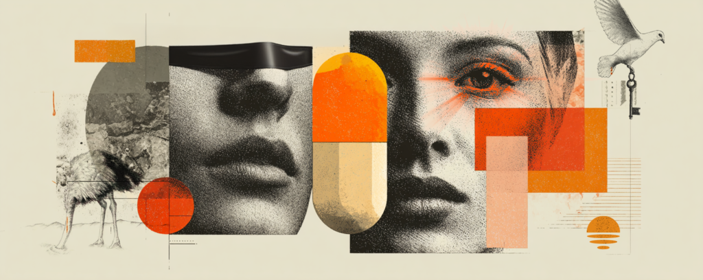 Collage of human faces with geometric orange shapes, an ostrich, and a bird carrying a key.
