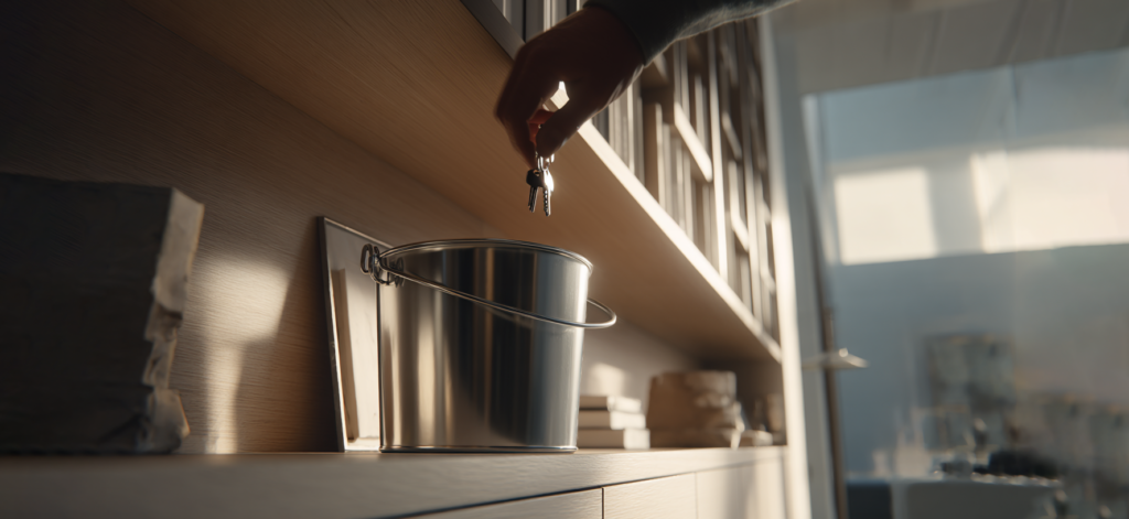 Hand dropping a set of keys into a metal bucket on a shelf.