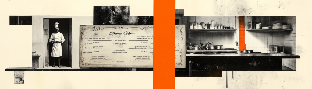 A collage illustration of a chef standing in a small kitchen doorway beside an oversized ornate restaurant menu, juxtaposed with a large commercial kitchen, representing the illusion of choice in asset diversification.