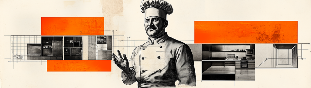 Vintage collage illustration of a chef standing in a structured kitchen with organized stations — representing asset protection and trust structure for Bitcoin holders