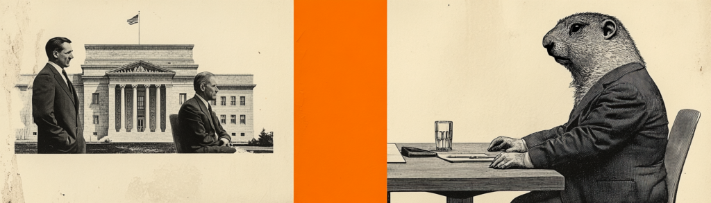 A collage illustration of a groundhog in a business suit seated at a desk, juxtaposed with a halftone photograph of two suited men standing before a neoclassical federal building, separated by a flat orange rectangle.
