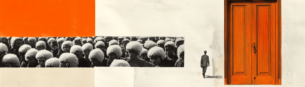 A collage illustration of a lone figure walking toward a large ornate wooden door, separated from a dense crowd of people with sheep wool heads, representing the contrast between public conformity and private structural awareness.