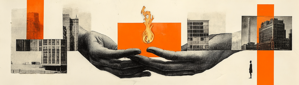 A collage illustration of two large cupped hands holding a small flame surrounded by halftone photographs of institutional city buildings and a solitary small figure, representing stewardship of enduring wealth within a temporary public system.