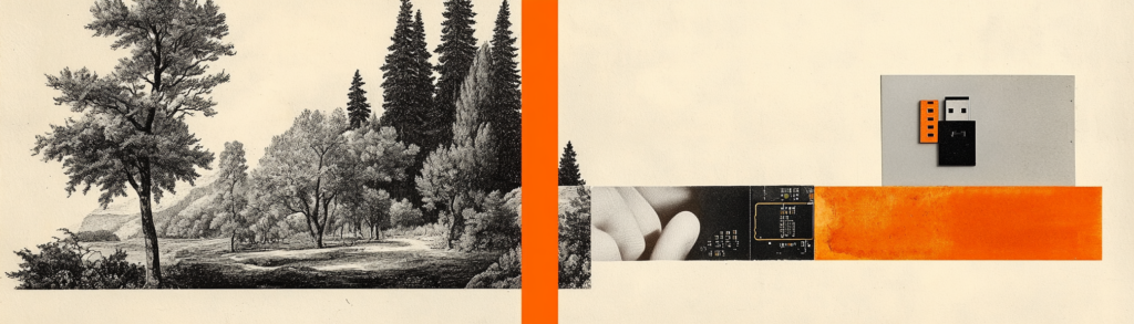 A sparse collage illustration contrasting a vintage botanical garden engraving with a fragment of modern technology, separated by a flat orange accent on a cream background, representing the distinction between Bitcoin as a private realm tool and the concept of ultimate restoration.